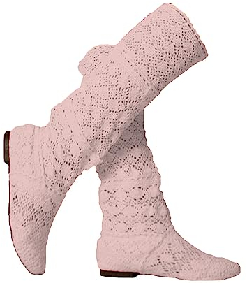 ORANDESIGNE Donna Ricamo Stivali Estive Traspirante Stivali Elegante Sandali Tinta Unita Stivali Piatti Testa Rotonda Stivali Alti Stivali da Cavaliere A Rosa 40 EU