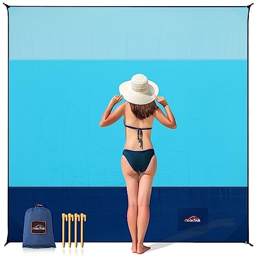 AnorTrek Sandfreie Stranddecke XXL 300x300cm - Ultraleicht, Schnelltrocknend & Spritzwassergeschützt, Mehrzweck Campingdecke/Picknickmatte/Strandtuch mit Tragetasche & ABS-Heringen