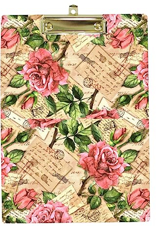 A4 Standard-Klemmbrett, Vintage-Rosenblüten, Briefmarken, Kunststoff-Klemmbretter für Studenten, Schule, Büro, flaches Profil, Metallclip, Loch zum Aufhängen