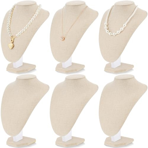 Huquary 6 Pcs Necklace Display Stand Bust Jewelry Holder, Flaxen, Linen