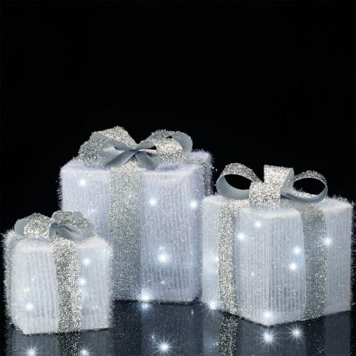 BAKAJI Set de 3 Paquetes de Regalos Luminosos de Navidad con Adornos y Luces LED Navideñas, Cajas Luminosas de Ratán para Navidad con Luces Festivas, Kit de Decoraciones Navideñas para Interiores y
