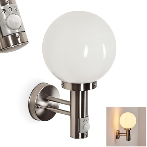Außenwandleuchte Napaskiak, Wandlampe mit Bewegungsmelder aus Metall/Glas in Nickel-matt/Weiß, Wandleuchte im modernen Design, Außenleuchte für Eingangsbereich, 1x E27, ohne Leuchtmittel, IP44