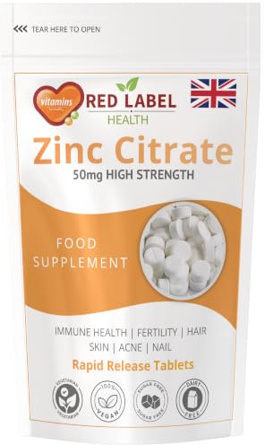 Red Label Health Zinc Citrate 50mg 100 Tablets, Vegan | 3+ Month Supply. Supports immune system, fertility, bones, vision, skin & nails. Vegan tablets.