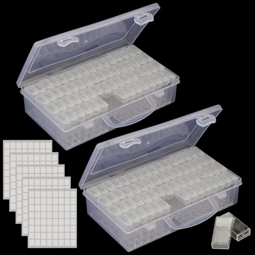 MAHIONG 2 Pack 64 Grids Diamond Painting Storage, Clear Diamond Art Bead Storage Boxes with Label Stickers for Jewellery Beads