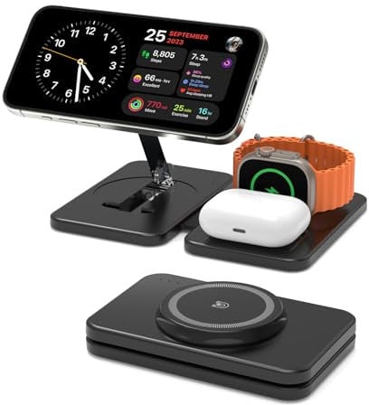 GEEKERA Charger for MagSafe, 3 in 1 Wireless Charging Station for iPhone 16/15/14/13/12/Pro Max, Magnetic Charger Stand for Apple Watch Ultra-2, Multi Travel Charging Dock for AirPods Pro 2-2-Black