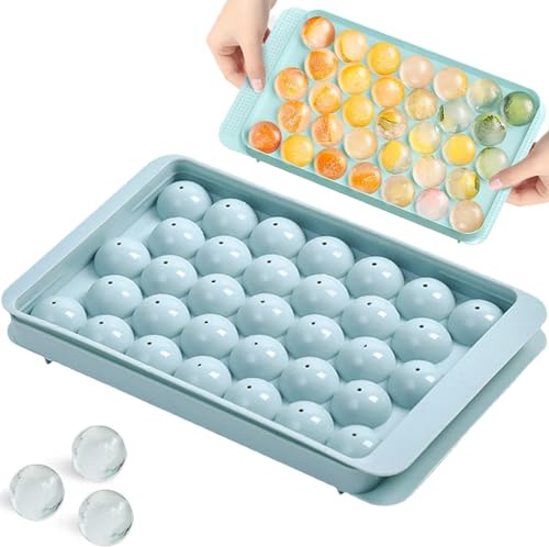 Round Ice Cube Tray with Lid Reusable Mini Ice Ball Maker Mould for Freeze | 33 Sphere Circle Ice Making Mold Easy Release for Water Cocktail Whiskey Coffee (Blue)