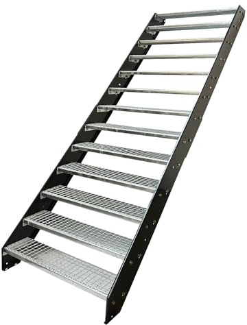 Kaminbau Mierzwa Premium Stahl Treppe Wangen Anthrazit RAL 7016/13 Stufen verzinkt (Breite 800 mm) (Höhe 247 cm) Wetterfest Gitterroststufe Gartentreppe