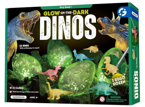Gamerside Dino Eier zum Ausgraben – 12 Leuchtende Dino-Eier mit Lernkarten – Dino Ausgrabungsset für Kinder ab 6 Jahren – Perfekt für Dino Geburtstag & Party