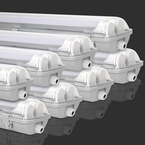 Fiqops 8 Stück Feuchtraumleuchte LED 150cm 2 X 24W 4800lm Wannenleuchte Neutralweiß 4500K IP65 Wasserfest Feuchtraumlampe Doppelt T8 LED Röhre,Röhrenlampe Werkstattlampe für Garage Keller Büro