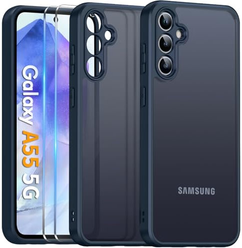 COPIKE Cover Opaca per Samsung Galaxy A55 5G con 2 Pezzi Vetro Temperato, Custodia Protezione Fotocamera Antiurto Posteriore Glassata Traslucida Anti-Impronte (Blu)