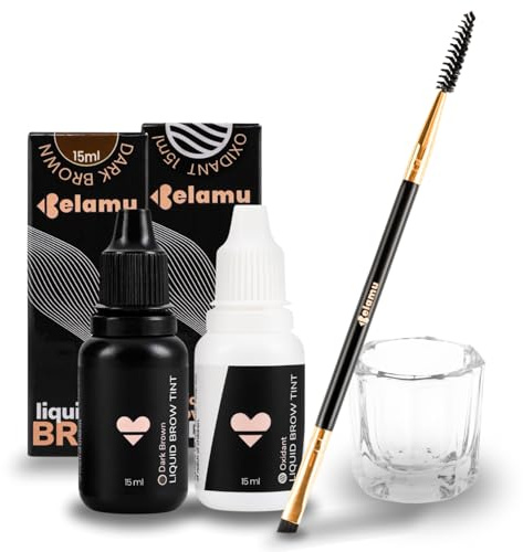 Belamu Brow Liquid Tint Kit - Hot Novelty Professional Hybrid Eyebrow Dye Set - Super Long Lasting - Up to 6 Weeks - Tint Color, Oxidant, Quality Dual-Ended Brush, Glass Dish, DARK BROWN TINT KIT