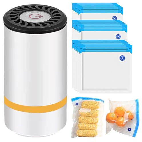 GOEDCH Envasadora al vacío con 15 bolsas de vacío: mini selladora al vacío para alimentos, envasadora al vacío portátil, carga USB, pequeño sellador al vacío para alimentos secos o húmedos