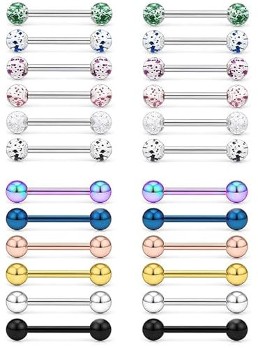 Ormromra Edelstahl Zungenpiercing Set, 24 Stück Zungenpiercing Brustwarzenpiercing, Color Ball Acrylic Piercing, Nippelpiercing Barbell, Chirurgenstahl Piercing Stab
