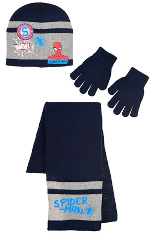 Spiderman Avengers - Jungenmütze, Handschuhe & Schal Herbst/Winter Accessoires Set (Marineblau, 52)