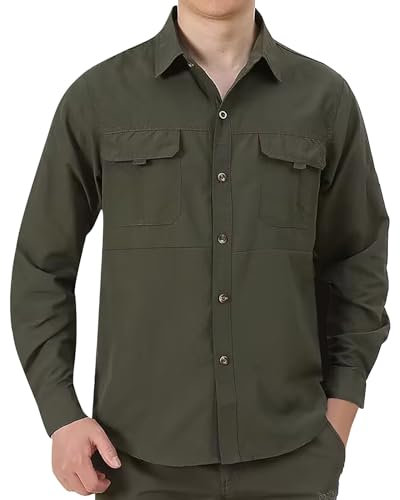 Camisas para hombre, manga larga, corte regular, sin planchado, para hombre, con bolsillos con cremallera y tira de botones, camiseta de manga larga, transpirable, camisa de caza para hombre, camisa