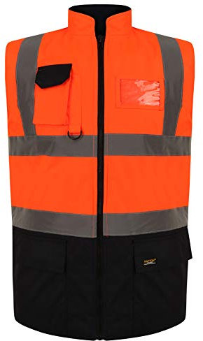 Hi Vis Body Warmer, Fleece Lined Reversible Gillet Jacket High Visibility Waterproof Workwear Safety Security Sleeveless Vest Warm Waistcoat Bodywarmers Plus Size (Orange/Navy-L)