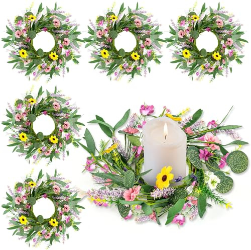 6 Stück Sommerkranz, künstlicher Mini-Blumenfrühling, Hochzeitskerzenringe, Blumenkränze, Stumpenkerzenhalter für Hochzeit, Frühling, Sommer, Zuhause, Tür, Tischdekoration, 6 Stück