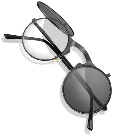 JEXOWIQ Sunglasses,Steampunk Flip-Up Sunglasses,Retro Round Sunglasses Men Women,Hippie Metal Frame