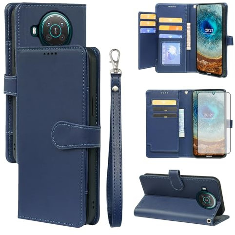 Asuwish Phone Case for Nokia X10/X20 Wallet Cover and Tempered Glass Screen Protector Leather Card Holder Slot Stand Rugged Mobile Flip Credit Cell Accessories NokiaX10 10X NokiaX20 5G Women Men Blue