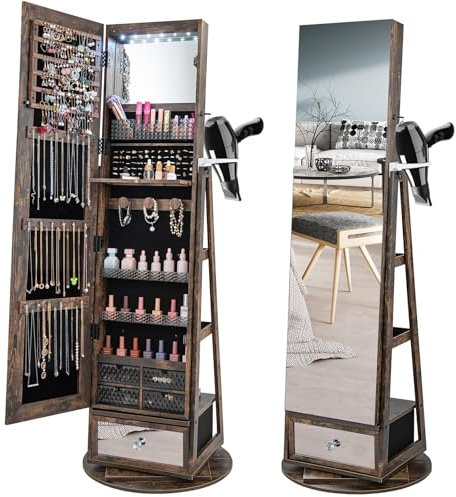 RELAX4LIFE Schmuckschrank mit Ganzkörperspiegel, 4-in-1 Spiegelschrank mit 6 LED-Lichts & 5 Schubladen & 3 Regalen & Haartrocknerhalter, Schmuckorganizer 360° drehbar & abschließbar (Rustikales Braun)