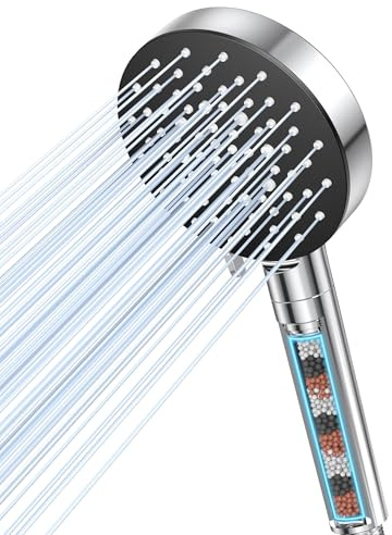 VOXON Duschkopf mit Filter, Wassersparender Duschkopf mit 6 Strahlarten, Hochdruck Handbrause mit 3-Lagen-Filtration und zusätzlichen Steinen für Hartes Wasser, Rest-Chlor, Bakterien, Schwermetall