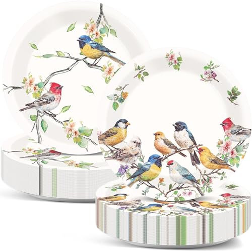 Naozinebi 50PCS Bird Paper Plates 7inch Spring Bird Floral Party Dessert Plates Watercolor Bird Tableware Dinnerware Set Vintage Bird Paper Dinner Plates for Birthday Wedding Spring Summer Party Decor