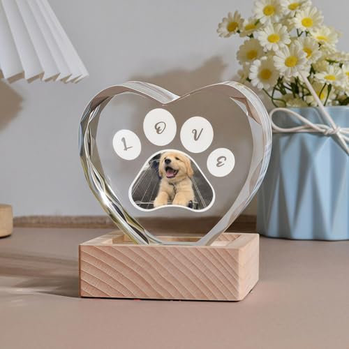 Drawelry Personalisierte Kristall Foto Ornamente mit Bild Namen Gravur Fotorahmen Kristallglas LED Nachtlicht Holzsockel USB Versorgt Transparente Desktop Deko Fotogeschenk für Familie Freunde (A3)