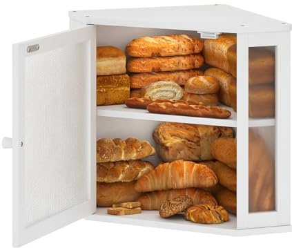 Furshus Corner Bread Box for Kitchen Countertop,Bread Storage for Homemade Bread, Double Layer Large Bamboo Kitchen Storage Bin with Window (White, Medium)