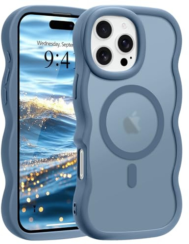Pepmune Magnetic for iPhone 16 Pro Case [Compatible with Magsafe] Translucent Matte Cute Curly Wave Frame Phone Case,Soft TPU Bumper Slim Fit Shockproof Protective Cover for Men Women-Dark Blue