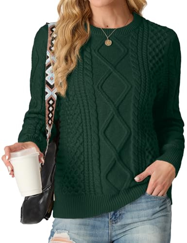 GRECERELLE Ladies Jumpers Crew Neck Cable Knitted Sweater for Women UK Long Sleeve Pullover Tops (Deep Green,M)