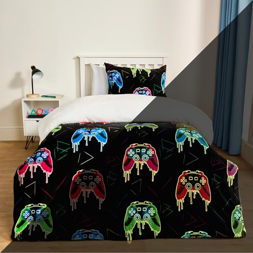 OHS Single Bedding Sets for Boys, Ultra Soft Warm Gaming Glow In The Dark Kids Bedding Luxurious Comfy Quilt Boys Single Duvet Cover Set with Pillowcase, Black
