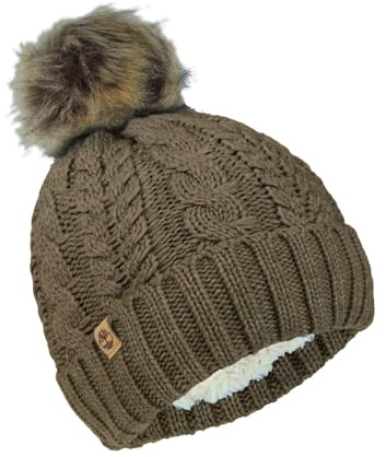 Timberland Damen Cable Knit with Faux Fur Pom Beanie-Mütze, Schokoladen-Chip, Einheitsgröße