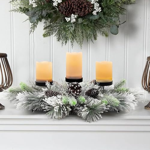 Taylor & Brown Christmas Table Decoration Tea Light Candle Holder Tealight Jar Three Section Festive Pinecones, Ornaments & Ribbon Centrepiece Décor Xmas Table Decorations (Winter Frost)