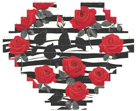 Black White Stripes Red Rose Flowers Print Art Brick Puzzle Heart Shaped DIY Building Blocks Set 3D Jigsaw Home Decor 53 Pieces