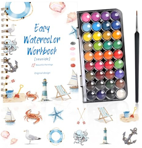Aquarell Arbeitsbuch mit 12 Motiven, Watercolor Workbook mit 36 Farben & Pinsel, Aquarell Malbuch für Erwachsene, Aquarell Set für Anfänger (Ozean)