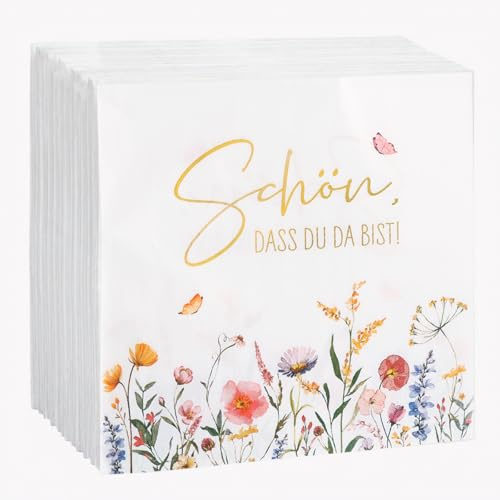 COMOOKA 40 Stück Schön dass du da bist Servietten Hochzeit mit Blumen Motiv | 2-lagige Papierservietten 16.5x16.5cm, Florale Servietten Geburtstag, Tischdeko für Hochzeit, Geburtstag, Frühling, Ostern
