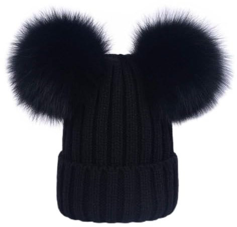 HK Nuovo Cappello Invernale, Cappello Doppio da Donna in Pelliccia, Cappello di Lana, Finta Pelliccia di Volpe, Berretto a Sfera, Caldo Cappello a Maglia,Black