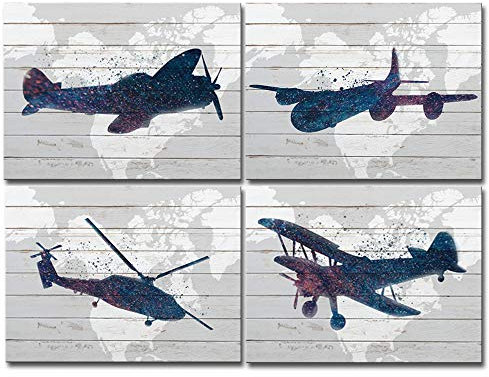 LoveHouse 4-teiliges Leinwandbild, Flugzeug-Motiv, Airbus fliegend im Himmel, Kunstdruck, abstraktes Jet Flugzeug, Heimdekoration für Büro, Kinder, Clubs, 30,5 x 40,6 cm, 4 Stück