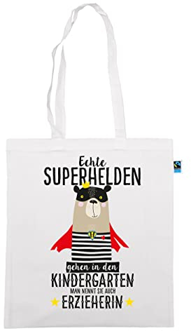 clothinx Erzieherin Stoffbeutel Spruch - Echte Superhelden gehen in den Kindergarten man nennt sie auch Erzieherin - Geschenkidee - Bio & Fair Weiß