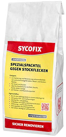 Spezialspachtel gegen Stockflecken 1,5 kg für Innen und Außen, sowie Bad, Dusche, Küche, auf allen mineralischen Untergründen (Kalk, Beton, Gipsputz) einsetzbar, hoher Weißgrad