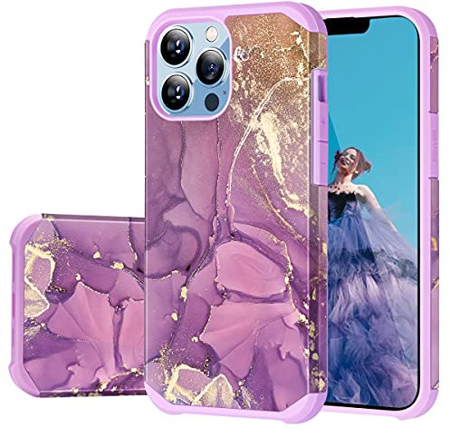 Fingic for iPhone 13 Pro Max Case,iPhone 13 Pro Max Phone Case Marble Slim 2 in 1 Girly Hard PC Soft TPU Hybrid Protective Shockproof Anti Scratch Bumper Phone Cover for iPhone 13 Pro Max,Purple