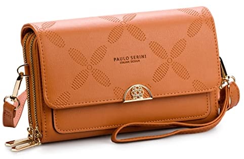PAULO SERINI® Umhängetasche Damen | Handytasche zum Umhängen aus 100% veganem Leder | Handtasche Damen kleiner Crossbody Bag mit 2 Fächern & Reißverschluss | Women Purse Bronze Brown | braun