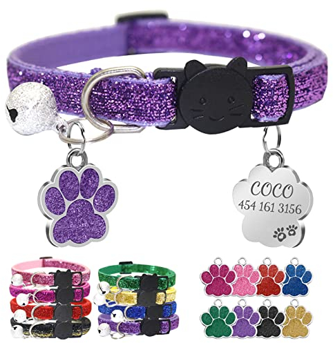 CAMAL Katzenhalsband mit Hundemarke Personalisiert, Katzenhalsband mit Namen und Adresse, Verstellbares Halsband für Haustiere 19–32 cm (Violett)