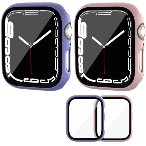 Haojavo Cover Compatibile con Apple Watch 7 45mm, 2 Pezzi Protezione Protettiva 2 in 1 con Rigida Custodia e HD Vetro Temperato Pellicola per iwatch Serie 7 45 mm Accessori Case per Signore e Signori