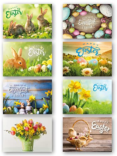 Easter Cards Pack of 8. Multipack has 8 Different Mixed Easter Designs. Ecofriendly, Recyclable, Plastic Free Cards, envelopes and Box. Blank Inside.