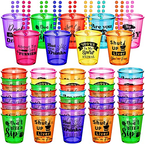 27 Pieces Shot Glass on Beaded Necklace Plastic Shot Necklace Cups Naughty Shot Glass Favors for Adults and Teens Birthday Gifts Wedding Party Supplies, 9 Styles