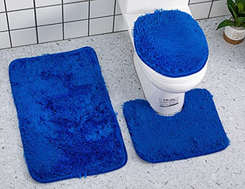 YUMIYU Ensemble 3 Pièces Tapis de Bain Doux Bleu - Couvercle de Toilette, Contour et Tapis Douche