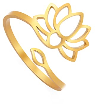 TEAMER Resizable Lotus Ring Edelstahl Semikolon Ring Yoga Meditation Om Symbol Ring Inspirierender Schmuck für Frauen Teenager Mädchen (Lotus 1-Gold)