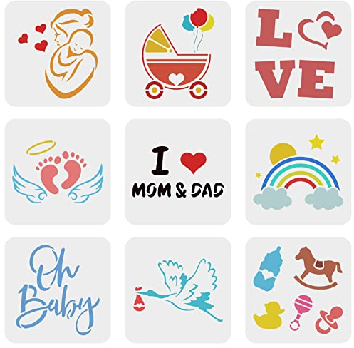FINGERINSPIRE 9 Stück Baby Dusche Schablone 15x15cm Niedliche Strampler Schablone Plastik Liebe Fußabdruck Gans Baby Kutsche Regenbogen Muster Schablonen zum Malen Textilgestaltung Kleidung