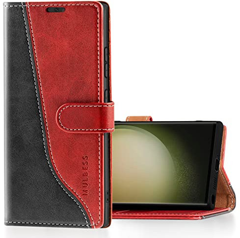 Mulbess für Samsung Galaxy S23 Ultra 5G Hülle, Handyülle Leder mit Kartenfach, Klapphülle mit Magnetverschluss, Flip Case Etui Handytasche Schutzhülle, Stilvoll Wein Rot